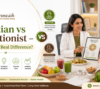 Dietitian vs Nutritionist blog banner showing professional dietitian consultation, healthy foods, personalized diet planning, weight loss, PCOS, diabetes nutrition, and wellness guidance by Diet2Nourish Delhi.