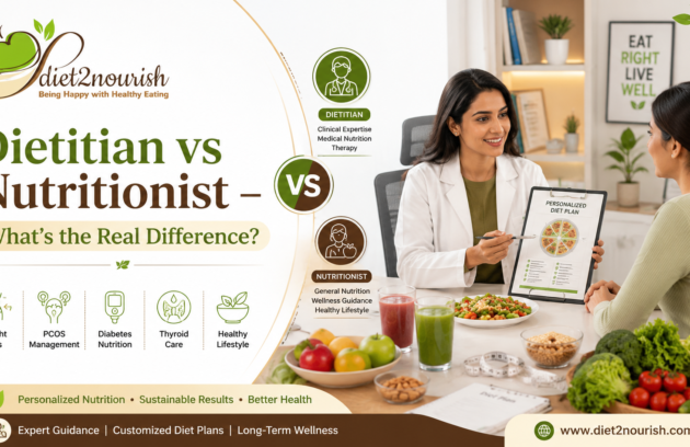 Dietitian vs Nutritionist blog banner showing professional dietitian consultation, healthy foods, personalized diet planning, weight loss, PCOS, diabetes nutrition, and wellness guidance by Diet2Nourish Delhi.
