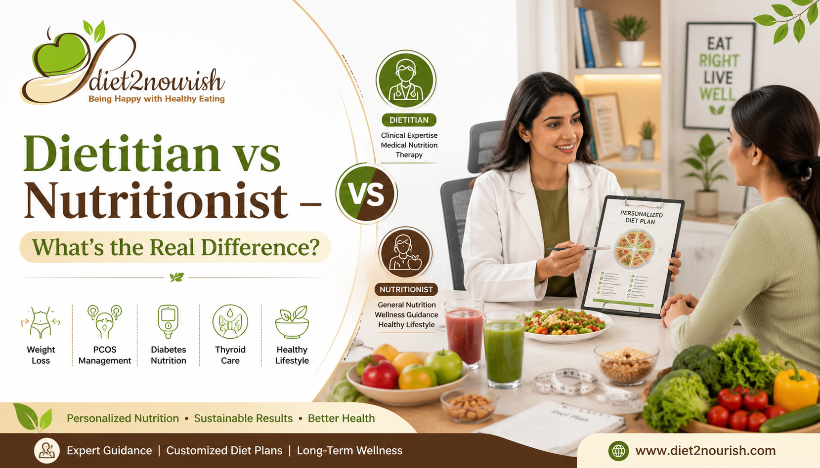 Dietitian vs Nutritionist blog banner showing professional dietitian consultation, healthy foods, personalized diet planning, weight loss, PCOS, diabetes nutrition, and wellness guidance by Diet2Nourish Delhi.