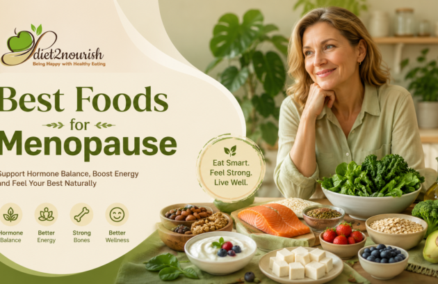 Healthy menopause-friendly foods including salmon, avocado, berries, leafy greens, yogurt, nuts, and seeds with a smiling middle-aged woman for Diet2Nourish menopause nutrition blog banner