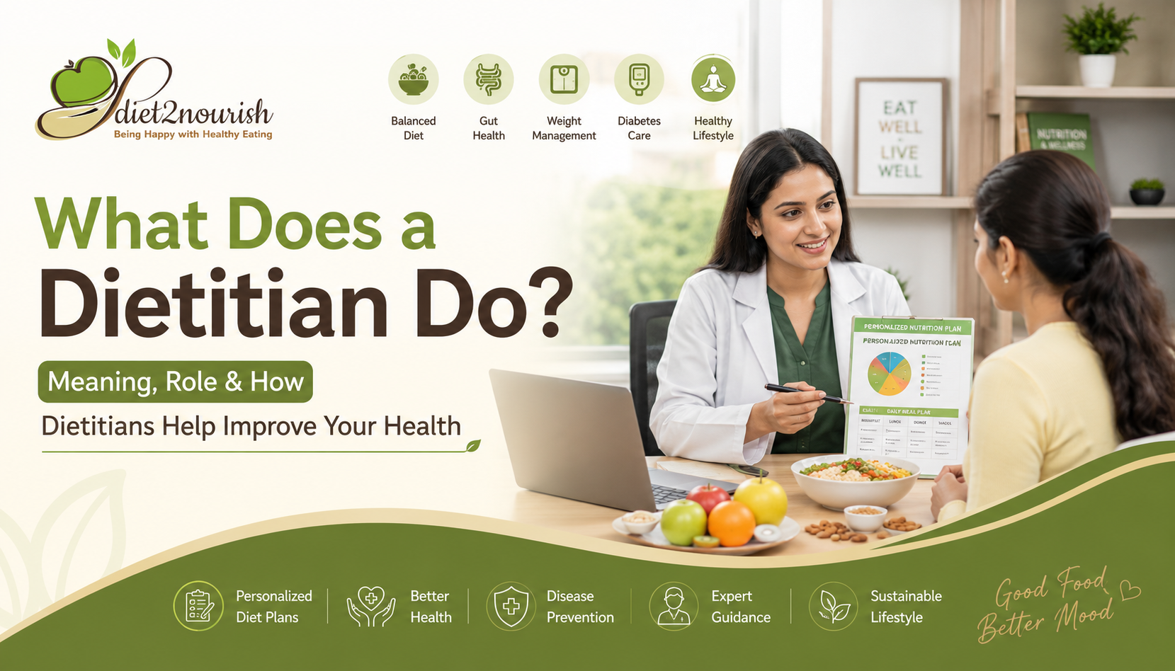 Professional Indian dietitian consulting a client about healthy eating, nutrition planning, weight management, and overall wellness in a modern healthcare clinic