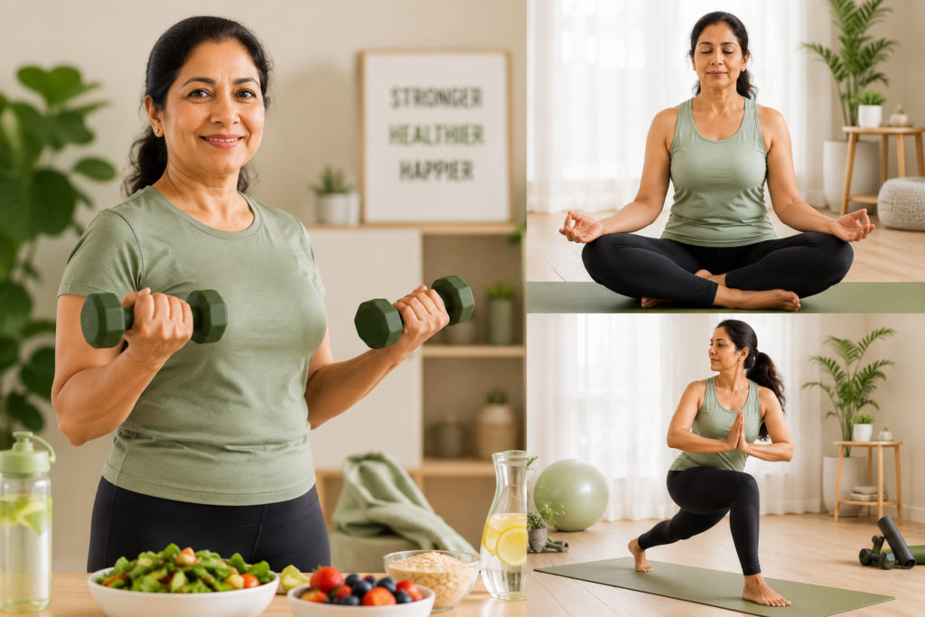 Healthy middle-aged woman doing yoga and light strength training during menopause in wellness-focused environment"