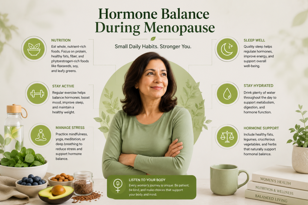Hormone balance during menopause wellness infographic with nutrition, hydration, sleep, exercise, and stress management elements"