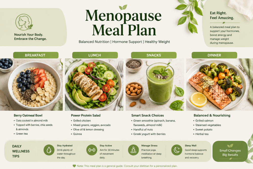Menopause meal plan infographic showing healthy breakfast, lunch, snacks, and dinner for weight loss and hormone balance