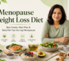 Menopause weight loss diet banner showing healthy middle-aged woman with nutritious foods including salmon, oats, berries, avocado, and wellness lifestyle elements