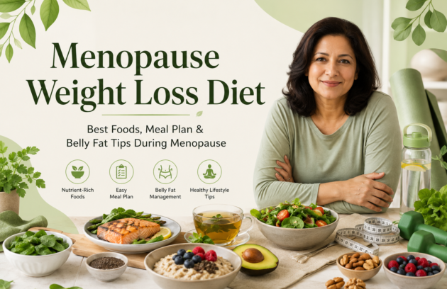 Menopause weight loss diet banner showing healthy middle-aged woman with nutritious foods including salmon, oats, berries, avocado, and wellness lifestyle elements