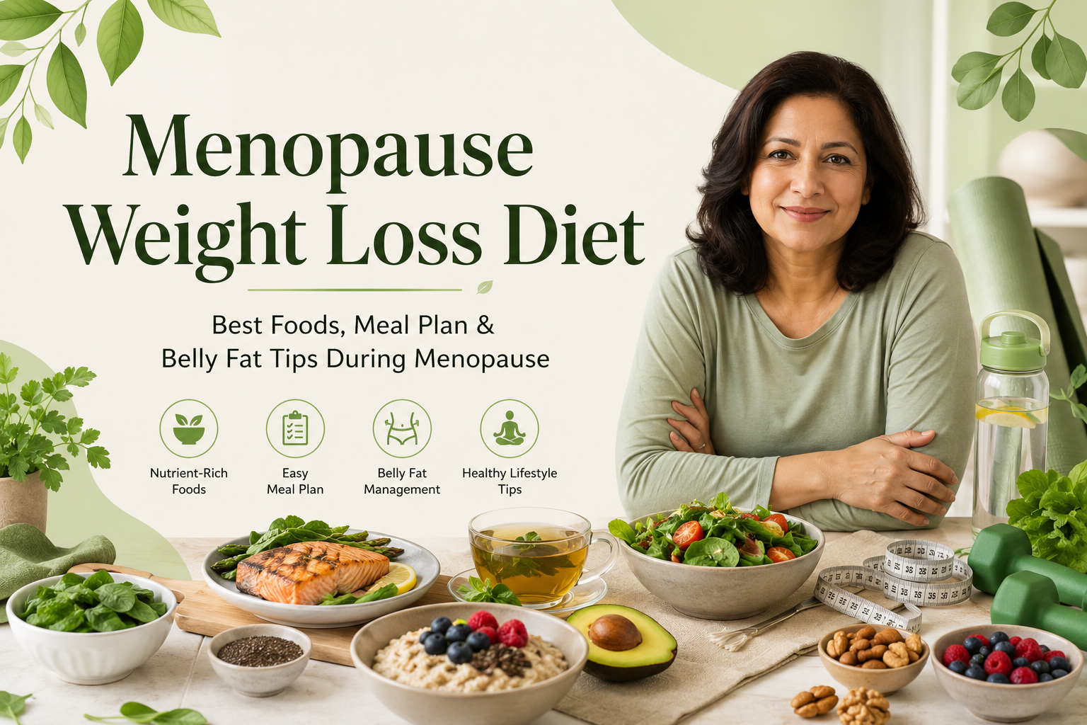 Menopause weight loss diet banner showing healthy middle-aged woman with nutritious foods including salmon, oats, berries, avocado, and wellness lifestyle elements