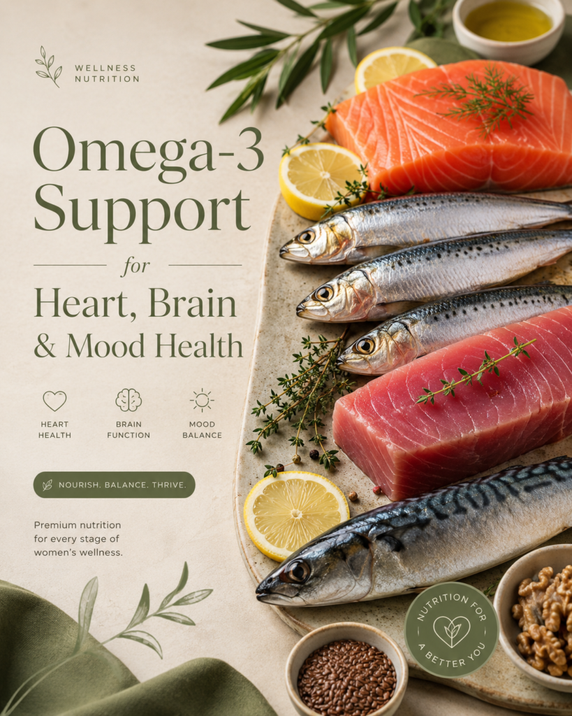 Fresh salmon, sardines, tuna, and mackerel rich in omega-3 for heart health and menopause hormone support