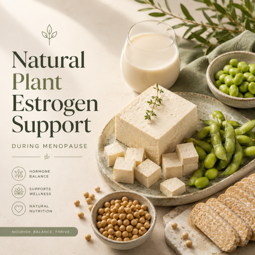 Tofu, soy milk, edamame, and tempeh for natural plant estrogen support during menopause