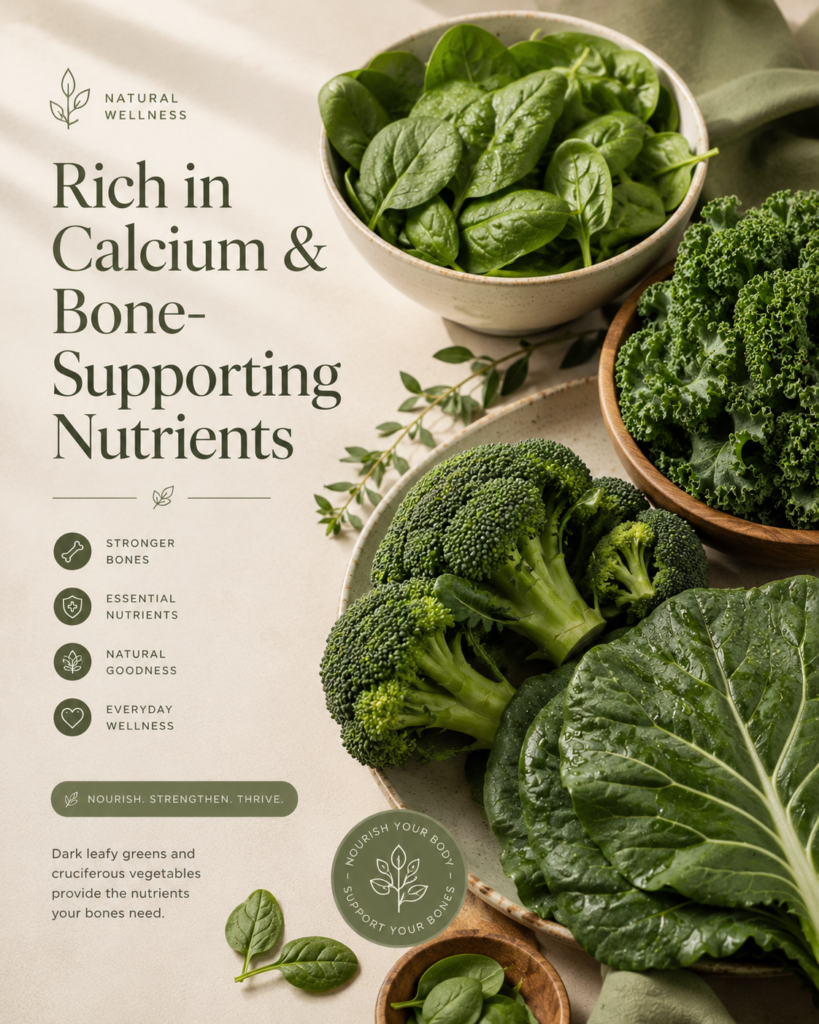 Spinach, kale, broccoli, and collard greens rich in calcium for menopause bone health support