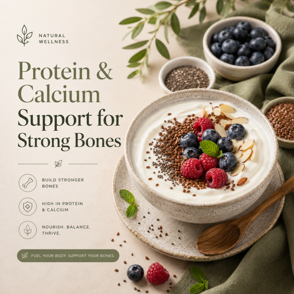 Greek yogurt with berries and seeds for protein, calcium, and menopause nutrition support