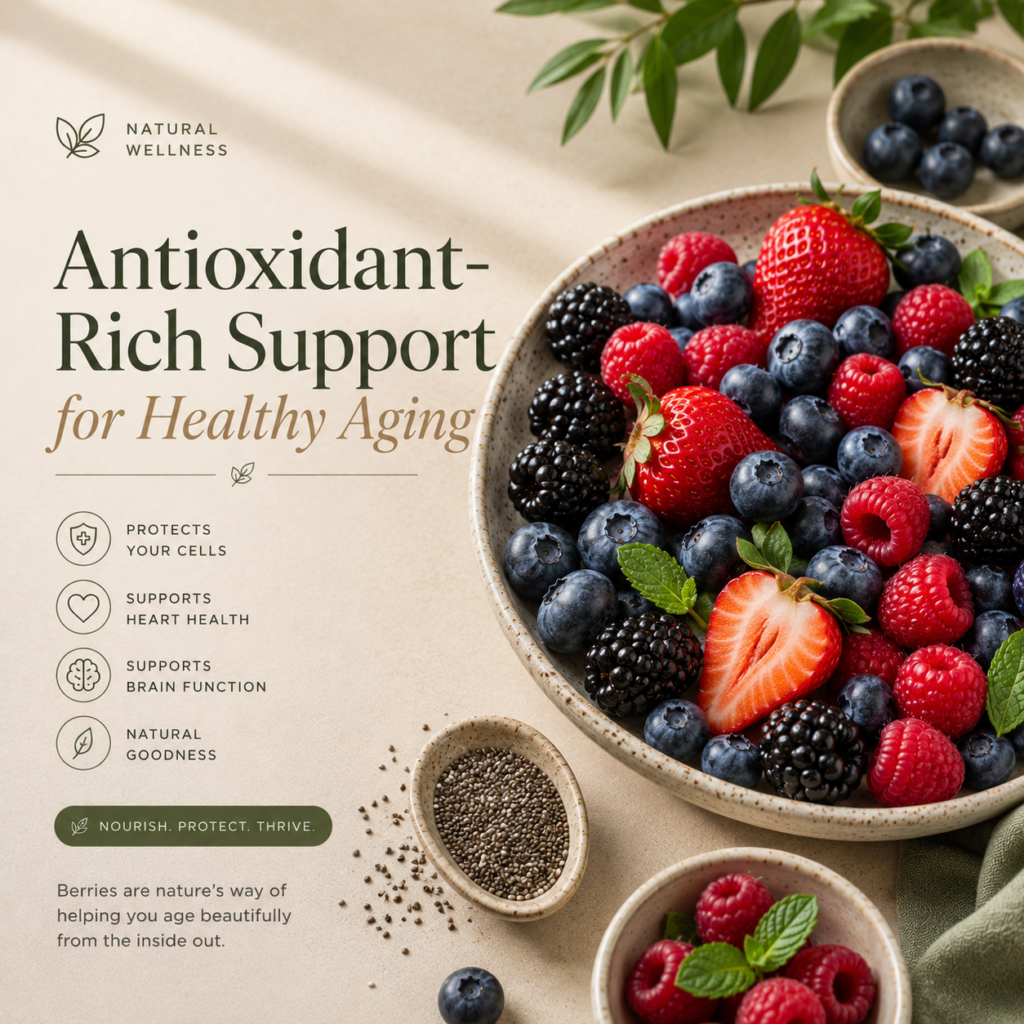 Blueberries, strawberries, raspberries, and blackberries rich in antioxidants for healthy aging during menopause