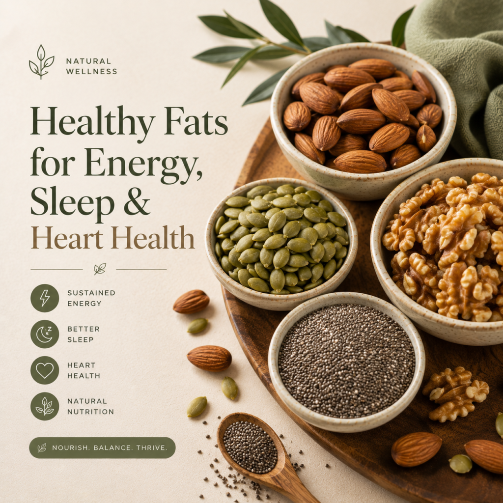Almonds, walnuts, pumpkin seeds, and chia seeds for energy, heart health, and menopause wellness