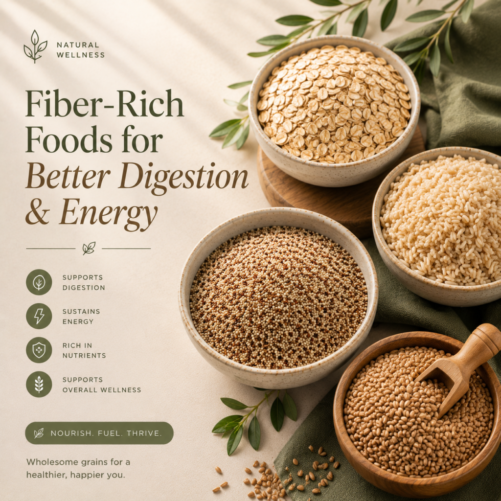 Oats, quinoa, brown rice, and whole grains for digestion, fiber, and energy support during menopause